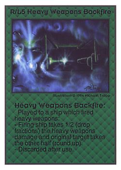 Need: 0    Want: 0    Have: 101 (+35)    Will Trade: 97    In Storage: 50              R/L5 ‑ Heavy Weapons Backfire  Set: UE  Rarity: R1    Artist: Michael Trapp    