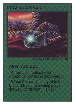 Need: 0    Want: 0    Have: 103 (+32)    Will Trade: 100    In Storage: 50              L7 ‑ Alien Artifact  Set: UE  Rarity: R1    Artist: Christina Wald    