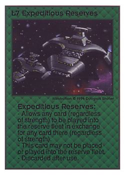 Need: 0    Want: 0    Have: 32 (+5)    Will Trade: 29    In Storage: 20              L7 ‑ Expeditious Reserves  Set: UE  Rarity: V1    Artist: Douglas Shuler    