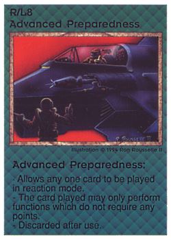 Need: 1    Want: 1    Have: 3 (+21)    Will Trade: 0    In Storage: 0              R/L8 ‑ Advanced Preparedness  Set: PE  Rarity: V1    Artist: Ron Rousselle II    