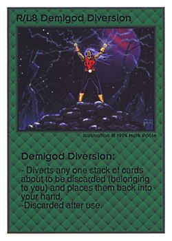 Need: 0    Want: 0    Have: 19 (+26)    Will Trade: 17    In Storage: 11              R/L8 ‑ Demigod Diversion  Set: UE  Rarity: V1    Artist: Mark Poole    