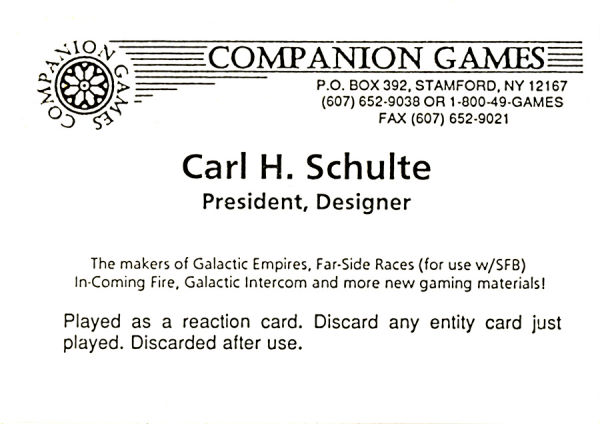 Need: 1    Want: 12    Have: 0    Will Trade: 0    In Storage: 0              Carl H. Schulte Business Card  Set: Pro0  Rarity: Pro0    Artist: N/A    