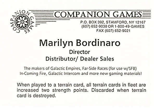 Need: 1    Want: 12    Have: 0    Will Trade: 0    In Storage: 0              Marilyn Bordinaro Business Card  Set: Pro0  Rarity: Pro0    Artist: N/A    