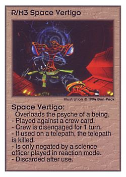 Need: 0    Want: 0    Have: 412    Will Trade: 404    In Storage: 50              R/M3 ‑ Space Vertigo  Set: UE  Rarity: C1    Artist: Ben Peck    