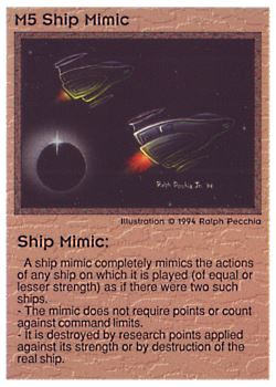 Need: 0    Want: 0    Have: 23 (+30)    Will Trade: 19    In Storage: 15              M5 ‑ Ship Mimic  Set: PE  Rarity: V2    Artist: Ralph Pecchia Jr.    