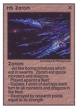 Need: 0    Want: 0    Have: 97 (+38)    Will Trade: 93    In Storage: 50              M5 ‑ Zarom  Set: UE  Rarity: R1    Artist: April Lee    