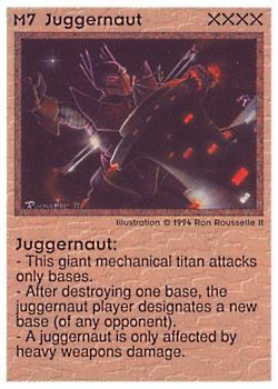Need: 1    Want: 1    Have: 3 (+29)    Will Trade: 0    In Storage: 0              M7 ‑ Juggernaut  Set: PE  Rarity: V1    Artist: Ron Rousselle II    