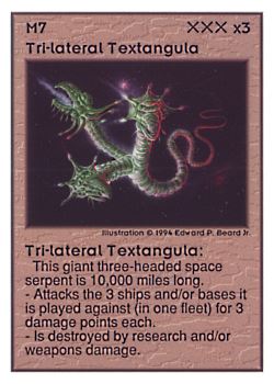 Need: 0    Want: 0    Have: 26 (+5)    Will Trade: 23    In Storage: 11              M7 ‑ Tri‑lateral Textangula  Set: UE  Rarity: V1    Artist: Edward P. Beard Jr.    