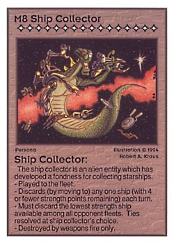 Need: 0    Want: 0    Have: 40 (+3)    Will Trade: 38    In Storage: 28              M8 ‑ Ship Collector  Set: UE  Rarity: V1    Artist: Robert A. Kraus    