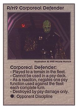 Need: 0    Want: 0    Have: 37    Will Trade: 33    In Storage: 29              R/M9 ‑ Corporeal Defender  Set: PoM  Rarity: V1    Artist: Nicole Harsch    