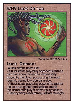 Need: 0    Want: 0    Have: 33 (+5)    Will Trade: 31    In Storage: 23              R/M9 ‑ Luck Demon  Set: UE  Rarity: V1    Artist: April Lee    