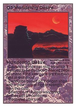 Need: 0    Want: 0    Have: 100 (+40)    Will Trade: 96    In Storage: 50              O3 ‑ Wandering Desire  Set: UE  Rarity: R1    Artist: Ralph Pecchia Jr.    