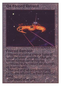 Need: 0    Want: 0    Have: 149    Will Trade: 141    In Storage: 33              O4 ‑ Forced Retreat  Set: UE  Rarity: U1    Artist: Gary A. Kalin    