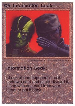 Need: 0    Want: 0    Have: 48 (+236)    Will Trade: 44    In Storage: 41              O4 ‑ Information Leak  Set: PE  Rarity: U1    Artist: Ron Rousselle II    