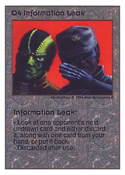 Need: 0    Want: 0    Have: 236 (+48)    Will Trade: 232    In Storage: 50              O4 ‑ Information Leak  Set: UE  Rarity: U1    Artist: Ron Rousselle II    