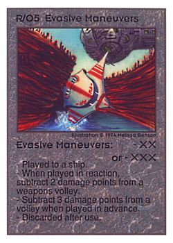 Need: 0    Want: 0    Have: 96 (+23)    Will Trade: 92    In Storage: 50              R/O5 ‑ Evasive Maneuvers  Set: UE  Rarity: R1    Artist: Melissa A. Benson    