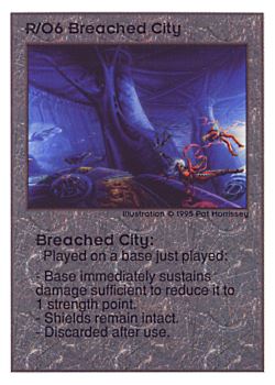 Need: 0    Want: 0    Have: 99 (+168)    Will Trade: 96    In Storage: 50              R/O6 ‑ Breached City  Set: UE  Rarity: R1    Artist: Pat Morrissey    