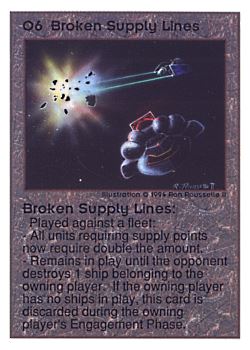 Need: 0    Want: 0    Have: 101 (+42)    Will Trade: 98    In Storage: 50              O6 ‑ Broken Supply Lines  Set: UE  Rarity: R1    Artist: Ron Rousselle II    