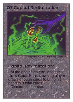Need: 0    Want: 0    Have: 33 (+6)    Will Trade: 30    In Storage: 23              O7 ‑ Capital Revitalization  Set: UE  Rarity: V1    Artist: Paul 'Prof' Herbert    