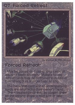 Need: 0    Want: 4    Have: 9    Will Trade: 0    In Storage: 0              O7 ‑ Forced Retreat  Set: PE  Rarity: V1    Artist: Nivard    