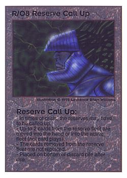 Need: 0    Want: 0    Have: 45    Will Trade: 41    In Storage: 31              R/O8 ‑ Reserve Call Up  Set: TG  Rarity: V1    Artist: Lawrence Allen Williams    