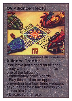 Need: 0    Want: 0    Have: 40 (+5)    Will Trade: 38    In Storage: 30              O9 ‑ Alliance Treaty  Set: UE  Rarity: V1    Artist: Melissa A. Benson    
