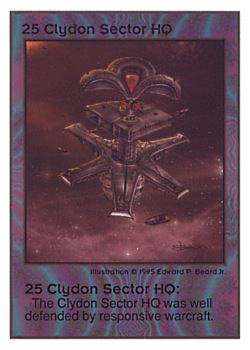 Need: 0    Want: 0    Have: 46    Will Trade: 44    In Storage: 5              HQ25 ‑ Clydon Sector HQ  Set: UE  Rarity: V3    Artist: Edward P. Beard Jr.    