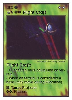 Need: 0    Want: 1    Have: 8    Will Trade: 0    In Storage: 0              B4/S2 ‑ Flight Craft (Aqaaran)  Set: GI  Rarity: U2    Artist: C. Henry Schulte    
