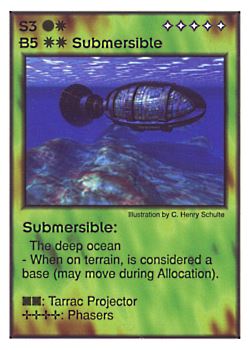 Need: 1    Want: 4    Have: 4    Will Trade: 0    In Storage: 0              B5/S3 ‑ Submersible (Aqaaran)  Set: GI  Rarity: V2    Artist: C. Henry Schulte    