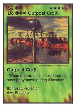 Need: 1    Want: 3    Have: 3    Will Trade: 0    In Storage: 0              B6/S2 ‑ Outpost Craft (Aqaaran)  Set: GI  Rarity: V2    Artist: C. Henry Schulte    