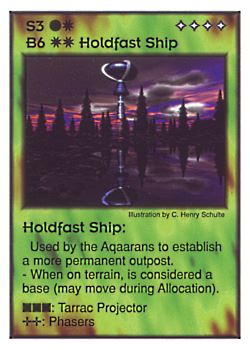 Need: 0    Want: 3    Have: 4    Will Trade: 0    In Storage: 0              B6/S3 ‑ Holdfast Ship (Aqaaran)  Set: GI  Rarity: V2    Artist: C. Henry Schulte    