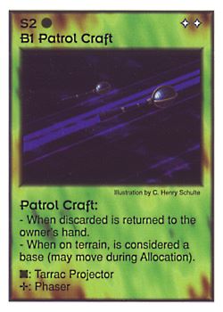 Need: 2    Want: 4    Have: 3    Will Trade: 0    In Storage: 0              S2/B1 ‑ Patrol Craft (Aqaaran)  Set: GI  Rarity: V2    Artist: C. Henry Schulte    