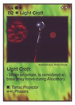 Need: 2    Want: 4    Have: 3    Will Trade: 0    In Storage: 0              S4/B2 ‑ Light Craft (Aqaaran)  Set: GI  Rarity: V2    Artist: C. Henry Schulte    