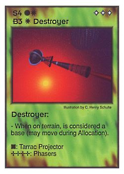 Need: 1    Want: 4    Have: 4    Will Trade: 0    In Storage: 0              S4/B3 ‑ Destroyer (Aqaaran)  Set: GI  Rarity: V2    Artist: C. Henry Schulte    