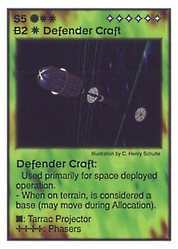 Need: 1    Want: 4    Have: 4    Will Trade: 0    In Storage: 0              S5/B2 ‑ Defender Craft (Aqaaran)  Set: GI  Rarity: V2    Artist: C. Henry Schulte    