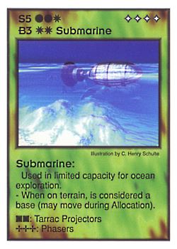Need: 1    Want: 4    Have: 4    Will Trade: 0    In Storage: 0              S5/B3 ‑ Submarine (Aqaaran)  Set: GI  Rarity: V2    Artist: C. Henry Schulte    