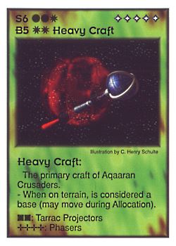 Need: 1    Want: 3    Have: 3    Will Trade: 0    In Storage: 0              S6/B5 ‑ Heavy Craft (Aqaaran)  Set: GI  Rarity: V2    Artist: C. Henry Schulte    