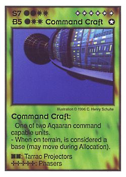Need: 1    Want: 3    Have: 3    Will Trade: 0    In Storage: 0              S7/B5 ‑ Command Craft (Aqaaran)  Set: GI  Rarity: V2    Artist: C. Henry Schulte    