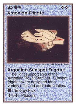Need: 0    Want: 0    Have: 149 (+32)    Will Trade: 145    In Storage: 45              S3 ‑ Argonian Frigate ‑ Argonian Sunspot Frigate (Left)  Set: UE  Rarity: U4    Artist: Gary A. Kalin    