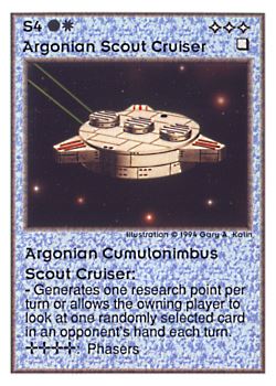 Need: 0    Want: 0    Have: 99 (+30)    Will Trade: 95    In Storage: 27              S4 ‑ Argonian Scout Cruiser ‑ Argonian Cumulonimbus Scout Cruiser  Set: UE  Rarity: R4    Artist: Gary A. Kalin    