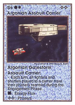Need: 0    Want: 0    Have: 99 (+38)    Will Trade: 95    In Storage: 28              S4 ‑ Argonian Assault Carrier ‑ Argonian Galestorm Assault Carrier  Set: UE  Rarity: R4    Artist: Gary A. Kalin    