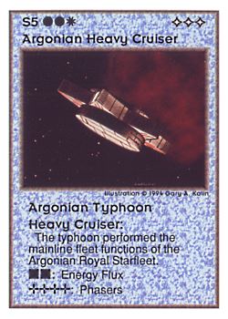 Need: 0    Want: 0    Have: 43    Will Trade: 35    In Storage: 2              S5 ‑ Argonian Heavy Cruiser ‑ Argonian Typhoon Heavy Cruiser  Set: UE  Rarity: V4    Artist: Gary A. Kalin    