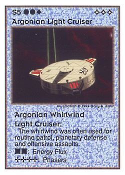 Need: 0    Want: 0    Have: 97 (+31)    Will Trade: 93    In Storage: 26              S5 ‑ Argonian Light Cruiser ‑ Argonian Whirlwind Light Cruiser  Set: UE  Rarity: R4    Artist: Gary A. Kalin    