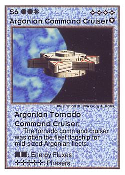 Need: 0    Want: 0    Have: 52 (+31)    Will Trade: 49    In Storage: 14              S6 ‑ Argonian Command Cruiser ‑ Argonian Tornado Command Cruiser  Set: UE  Rarity: V4    Artist: Gary A. Kalin    