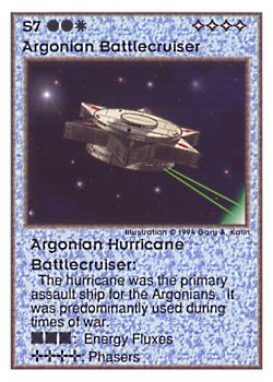 Need: 0    Want: 0    Have: 48 (+28)    Will Trade: 45    In Storage: 10              S7 ‑ Argonian Battlecruiser ‑ Argonian Hurricane Battlecruiser  Set: UE  Rarity: V4    Artist: Gary A. Kalin    