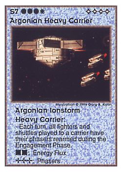 Need: 0    Want: 0    Have: 53 (+32)    Will Trade: 50    In Storage: 18              S7 ‑ Argonian Heavy Carrier ‑ Argonian Ionstorm Heavy Carrier  Set: UE  Rarity: V4    Artist: Gary A. Kalin    