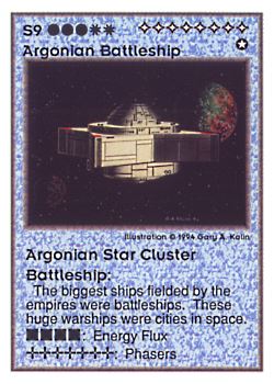 Need: 0    Want: 0    Have: 51 (+6)    Will Trade: 49    In Storage: 46              S9 ‑ Argonian Battleship ‑ Argonian Star Cluster Battleship  Set: UE  Rarity: V1    Artist: Gary A. Kalin    