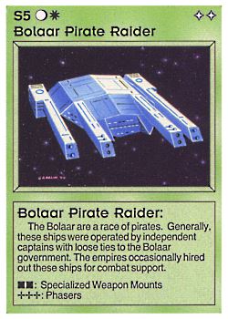 Need: 0    Want: 8    Have: 1    Will Trade: 0    In Storage: 0              S5 ‑ Bolaar Pirate Raider  Set: Pro0  Rarity: Pro0    Artist: Gary A. Kalin    