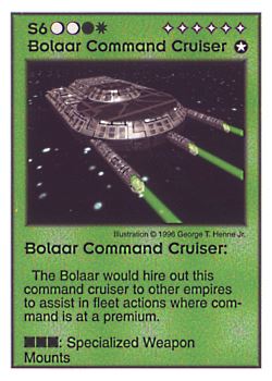 Need: 3    Want: 9    Have: 1    Will Trade: 0    In Storage: 0              S6 ‑ Bolaar Command Cruiser  Set: AF  Rarity: V2    Artist: George T. Henne Jr.    