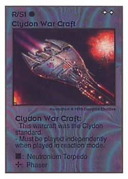 Need: 0    Want: 0    Have: 92 (+5)    Will Trade: 88    In Storage: 10              R/S1 ‑ Clydon War Craft  Set: UE  Rarity: R3    Artist: Douglas Chaffee    